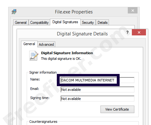 Screenshot of the DACOM MULTIMEDIA INTERNET certificate